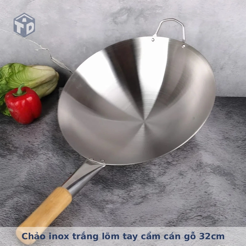 Chảo inox trắng lõm tay cầm cán gỗ cách nhiệt size 32cm