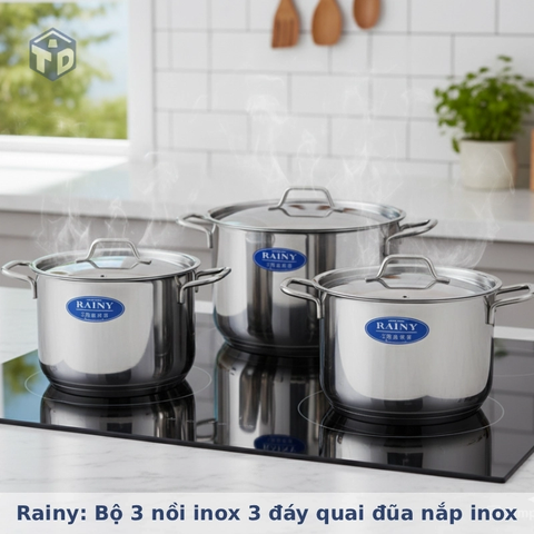 Rainy chính hãng: Bộ 3 nồi inox 3 đáy quai đũa nắp inox