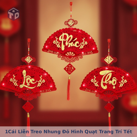 1Cái Liễn Treo Nhung Đỏ Hình Quạt Trang Trí Tết