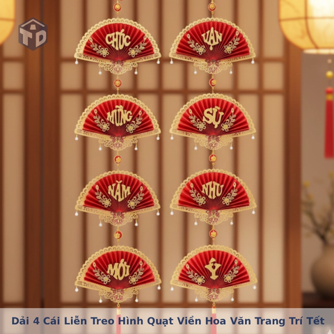 Dải 4 Cái Liễn Treo Hình Quạt Viền Hoa Văn Trang Trí Tết