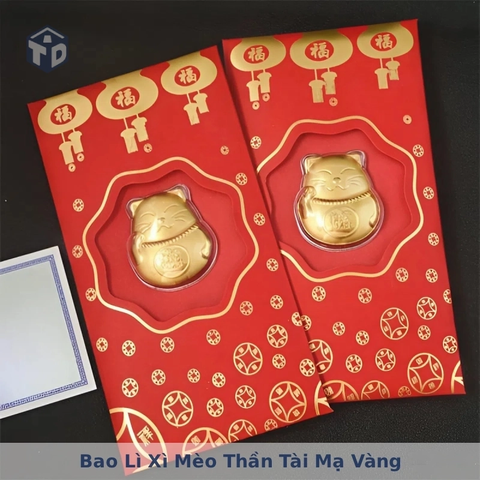 Bao Lì Xì Mèo Thần Tài Mạ Vàng