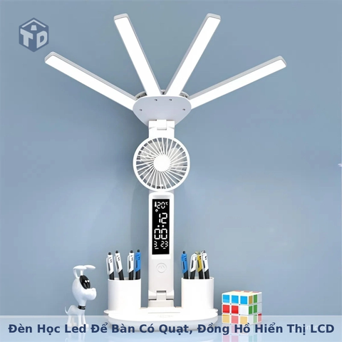 Đèn Học Led Để Bàn Có Quạt, Đồng Hồ Hiển Thị LCD