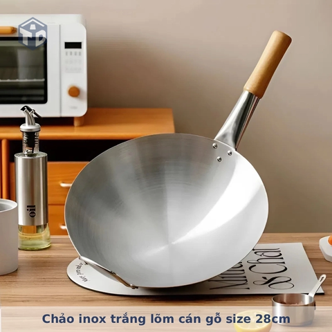 Chảo inox trắng lõm cán gỗ size 28cm