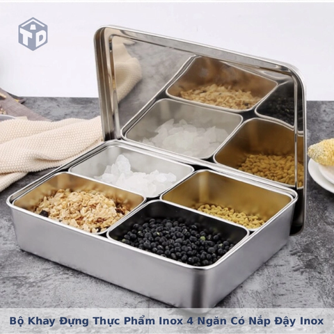 SG: Bộ khay đựng thực phẩm inox 4 ngăn có nắp đậy inox