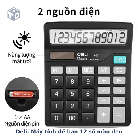 Deli: Máy tính để bàn 12 số màu đen truyền thống E837
