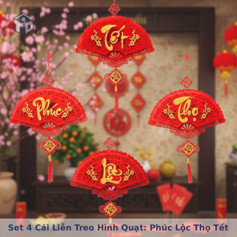 Set 4 Cái Liễn Treo Hình Quạt: Phúc Lộc Thọ Tết