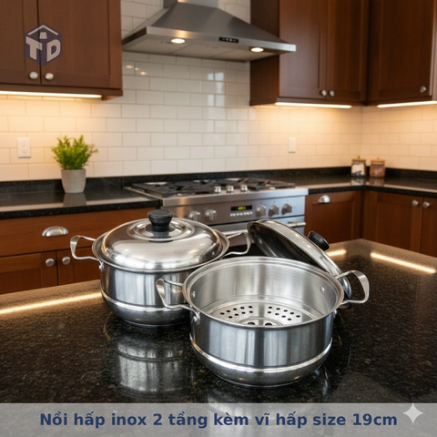 Nồi hấp inox 2 tầng tiện dụng kèm vĩ hấp size 19cm
