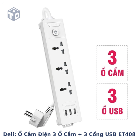 Deli: Ổ cắm điện 3 ổ cắm + 3 cổng USB có công tắc ET408