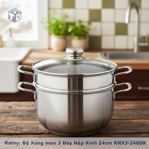 Rainy chính hãng: Bộ xửng inox 3 đáy nắp kính 24cm RNX3-246DK