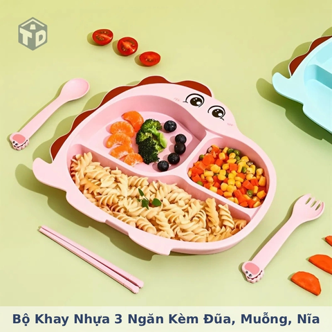 Bộ Khay Nhựa 3 Ngăn Kèm Đũa, Muỗng, Nĩa