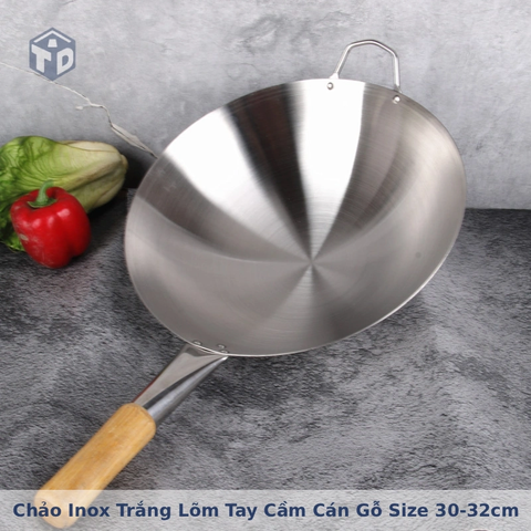 Chảo inox trắng lõm tay cầm cán gỗ cách nhiệt size 30-32cm