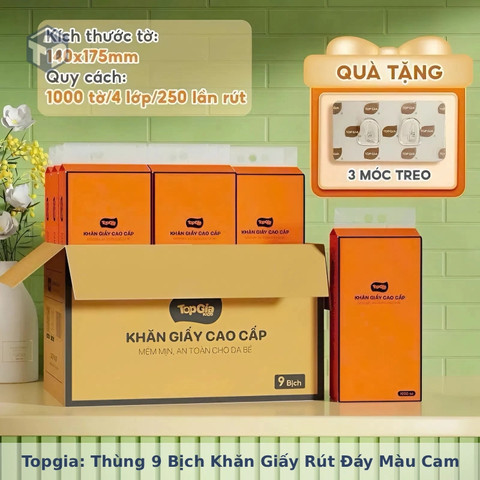 Topgia: Thùng 9 Bịch Khăn Giấy Rút Đáy Màu Cam
