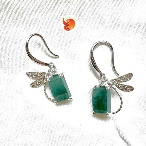 Hoa Tai Chuồn Chuồn Ngọc Phỉ Thuý Bạc Phủ Vàng