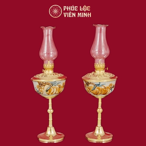 Đèn Thờ Bát Đào Thọ Cát Tường Chân Đồng Thếp Vàng Men Rạn Vẽ Vàng Gốm Sứ Bát Tràng - Phúc Lộc Viên Minh