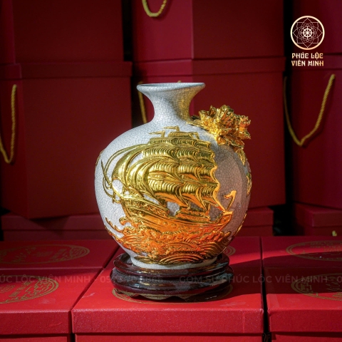 Bình Hút Lộc Đắp Nổi Dát Vàng Gốm Sứ Bát Tràng - Phúc Lộc Viên Minh - BHL001