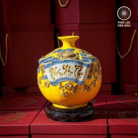 Bình Hút Lộc Men Vàng Đắp Nổi Gốm Sứ Bát Tràng - Phúc Lộc Viên Minh - BHL010