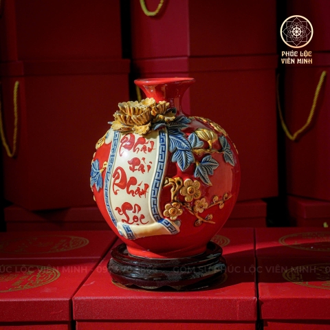 Bình Hút Lộc Men Đỏ Đắp Nổi Gốm Sứ Bát Tràng - Phúc Lộc Viên Minh - BHL011