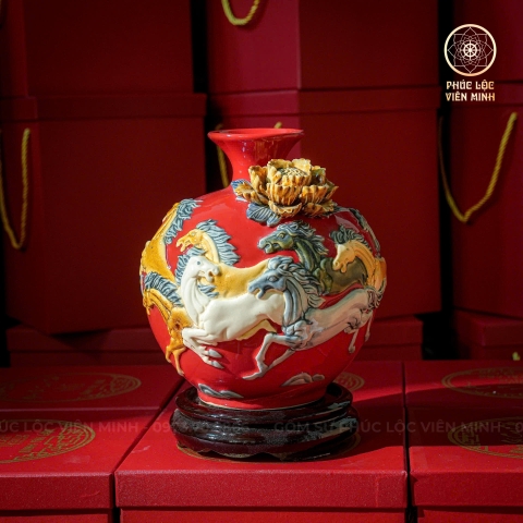 Bình Hút Lộc Men Đỏ Đắp Nổi Gốm Sứ Bát Tràng - Phúc Lộc Viên Minh - BHL012