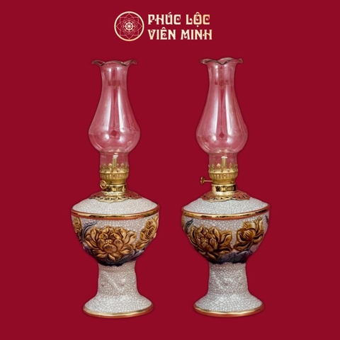 Đèn Thờ Váy Vuông Sen Men Rạn Đắp Nổi Gốm Sứ Bát Tràng - Phúc Lộc Viên Minh