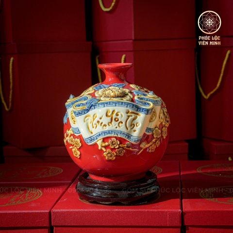 Bình Hút Lộc Men Đỏ Đắp Nổi Gốm Sứ Bát Tràng - Phúc Lộc Viên Minh - BHL013