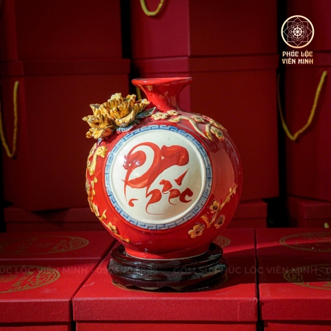 Bình Hút Lộc Men Đỏ Đắp Nổi Gốm Sứ Bát Tràng - Phúc Lộc Viên Minh - BHL014