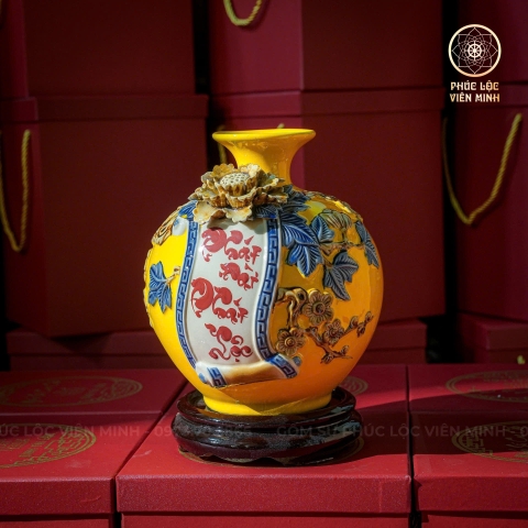 Bình Hút Lộc Men Vàng Đắp Nổi Gốm Sứ Bát Tràng - Phúc Lộc Viên Minh - BHL015