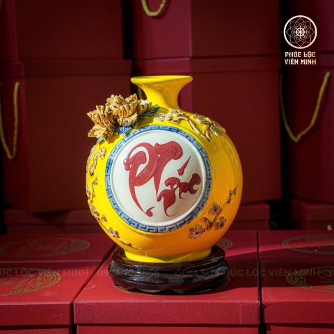 Bình Hút Lộc Men Vàng Đắp Nổi Gốm Sứ Bát Tràng - Phúc Lộc Viên Minh - BHL016