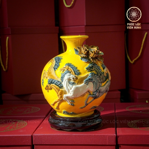 Bình Hút Lộc Men Vàng Đắp Nổi Gốm Sứ Bát Tràng - Phúc Lộc Viên Minh - BHL017