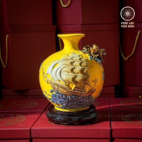 Bình Hút Lộc Men Vàng Đắp Nổi Gốm Sứ Bát Tràng - Phúc Lộc Viên Minh - BHL018