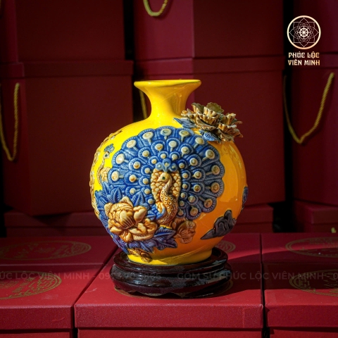 Bình Hút Lộc Men Vàng Đắp Nổi Gốm Sứ Bát Tràng - Phúc Lộc Viên Minh - BHL019