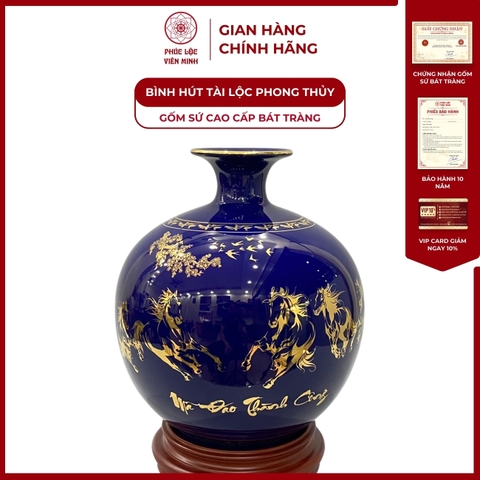 Bình Hút Lộc Mã Đáo Thành Công Vẽ Vàng Kim Gốm Sứ Bát Tràng - Phúc Lộc Viên Minh