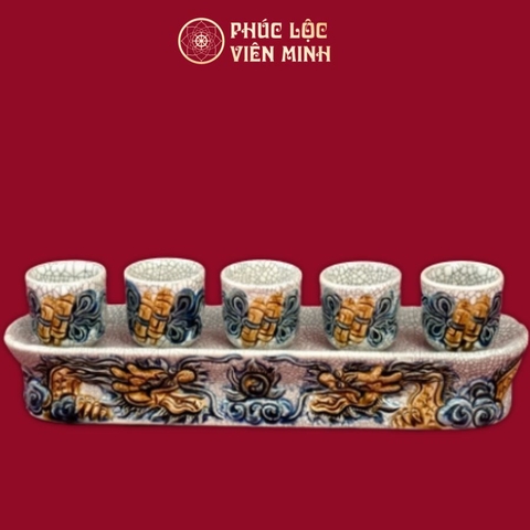 Kỷ Thẳng Rồng Chầu Nguyệt 5 Chén Men Rạn Đắp Nổi Gốm Sứ Bát Tràng - Phúc Lộc Viên Minh