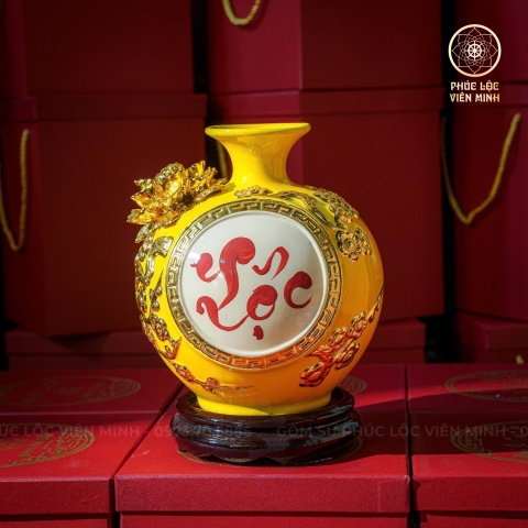 Bình Hút Lộc Men Vàng Đắp Nổi Dát Vàng Gốm Sứ Bát Tràng - Phúc Lộc Viên Minh - BHL002