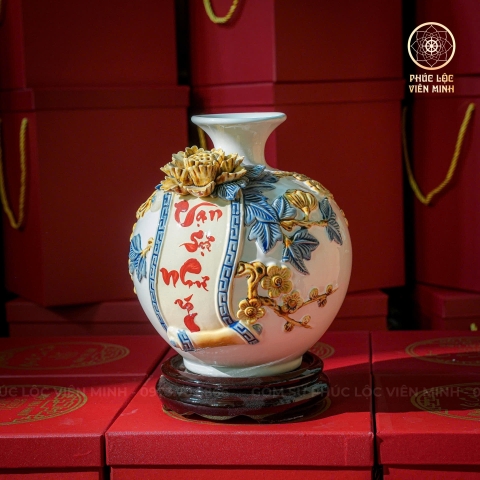 Bình Hút Lộc Men Trắng Đắp Nổi Gốm Sứ Bát Tràng - Phúc Lộc Viên Minh - BHL020