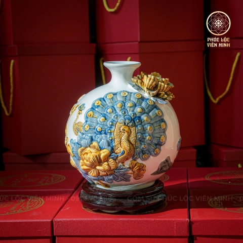 Bình Hút Lộc Men Trắng Đắp Nổi Gốm Sứ Bát Tràng - Phúc Lộc Viên Minh - BHL021