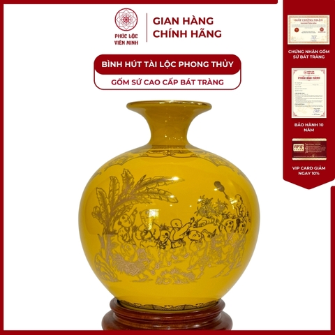 Bình Hút Lộc Nhị Cảnh Bách Nhi Đồ Vẽ Vàng Kim Gốm Sứ Bát Tràng - Phúc Lộc Viên Minh
