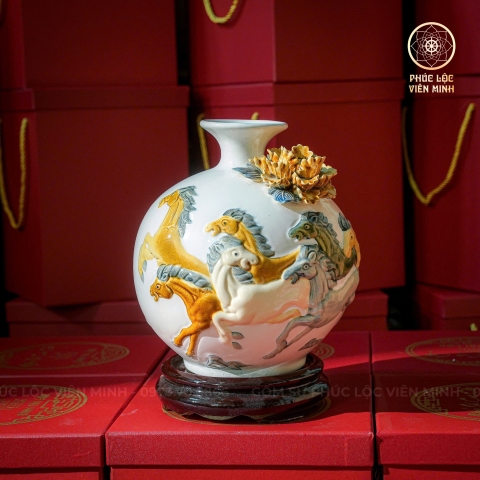 Bình Hút Lộc Men Trắng Đắp Nổi Gốm Sứ Bát Tràng - Phúc Lộc Viên Minh - BHL022