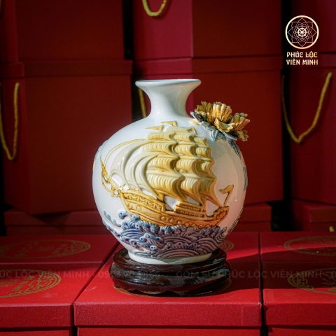 Bình Hút Lộc Men Trắng Đắp Nổi Gốm Sứ Bát Tràng - Phúc Lộc Viên Minh - BHL023