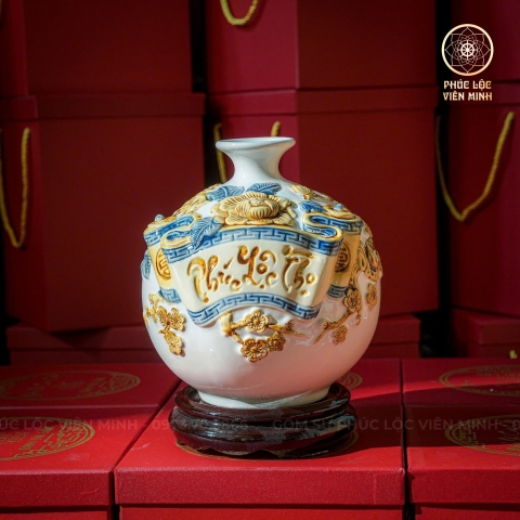 Bình Hút Lộc Men Trắng Đắp Nổi Gốm Sứ Bát Tràng - Phúc Lộc Viên Minh - BHL024