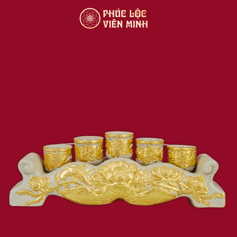 Kỷ Ngai Sen 5 Chén Men Rạn Dát Vàng Gốm Sứ Bát Tràng - Phúc Lộc Viên Minh