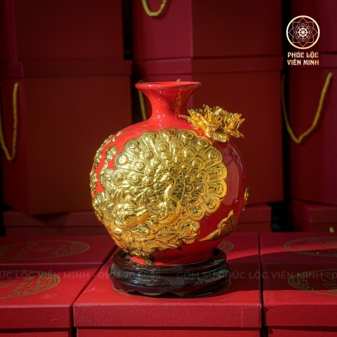 Bình Hút Lộc Men Đỏ Đắp Nổi Dát Vàng Gốm Sứ Bát Tràng - Phúc Lộc Viên Minh - BHL025