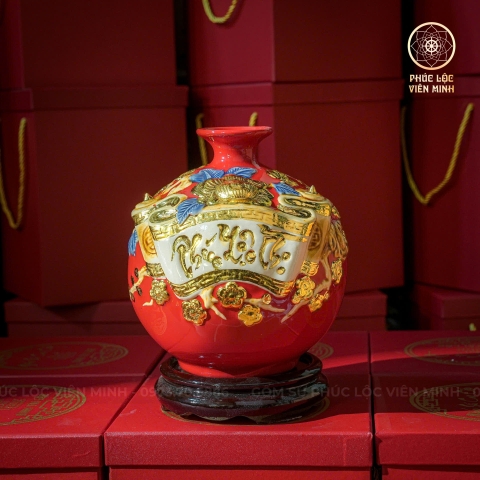 Bình Hút Lộc Men Đỏ Đắp Nổi Dát Vàng Gốm Sứ Bát Tràng - Phúc Lộc Viên Minh - BHL026