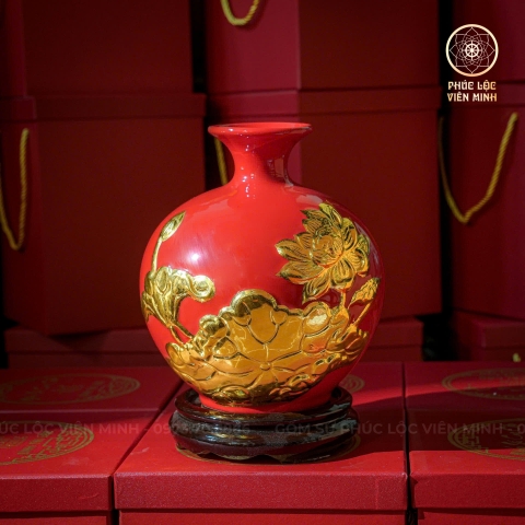Bình Hút Lộc Men Đỏ Đắp Nổi Dát Vàng Gốm Sứ Bát Tràng - Phúc Lộc Viên Minh - BHL028