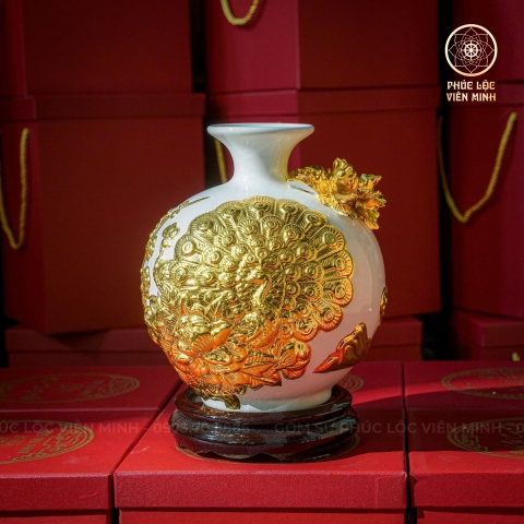 Bình Hút Lộc Men Trắng Đắp Nổi Dát Vàng Gốm Sứ Bát Tràng - Phúc Lộc Viên Minh - BHL029