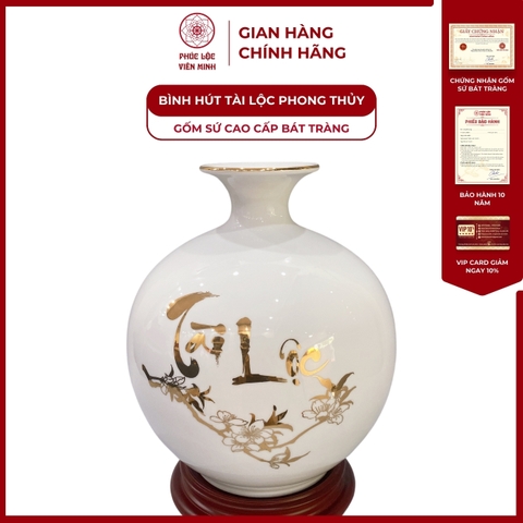 Bình Hút Lộc Chim Công Tài Lộc Vẽ Vàng Kim Gốm Sứ Bát Tràng - Phúc Lộc Viên Minh