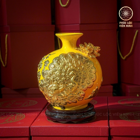 Bình Hút Lộc Men Vàng Đắp Nổi Dát Vàng Gốm Sứ Bát Tràng - Phúc Lộc Viên Minh - BHL003
