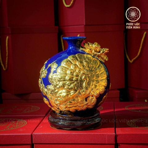 Bình Hút Lộc Men Xanh Đắp Nổi Dát Vàng Gốm Sứ Bát Tràng - Phúc Lộc Viên Minh - BHL030