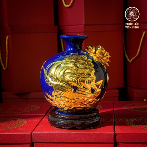 Bình Hút Lộc Men Xanh Coban Đắp Nổi Dát Vàng Gốm Sứ Bát Tràng - Phúc Lộc Viên Minh - BHL031