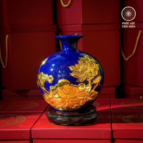 Bình Hút Lộc Men Xanh Coban Đắp Nối Dát Vàng Gốm Sứ Bát Tràng - Phúc Lộc Viên Minh - BHL032