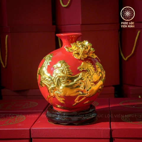Bình Hút Lộc Men Đỏ Đắp Nổi Dát Vàng Gốm Sứ Bát Tràng - Phúc Lộc Viên Minh - BHL033